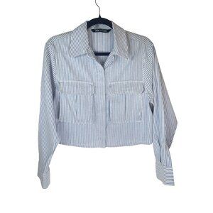 2/$30 ZARA Womens Small Blue & White Striped Long Sleeve Cropped Shirt